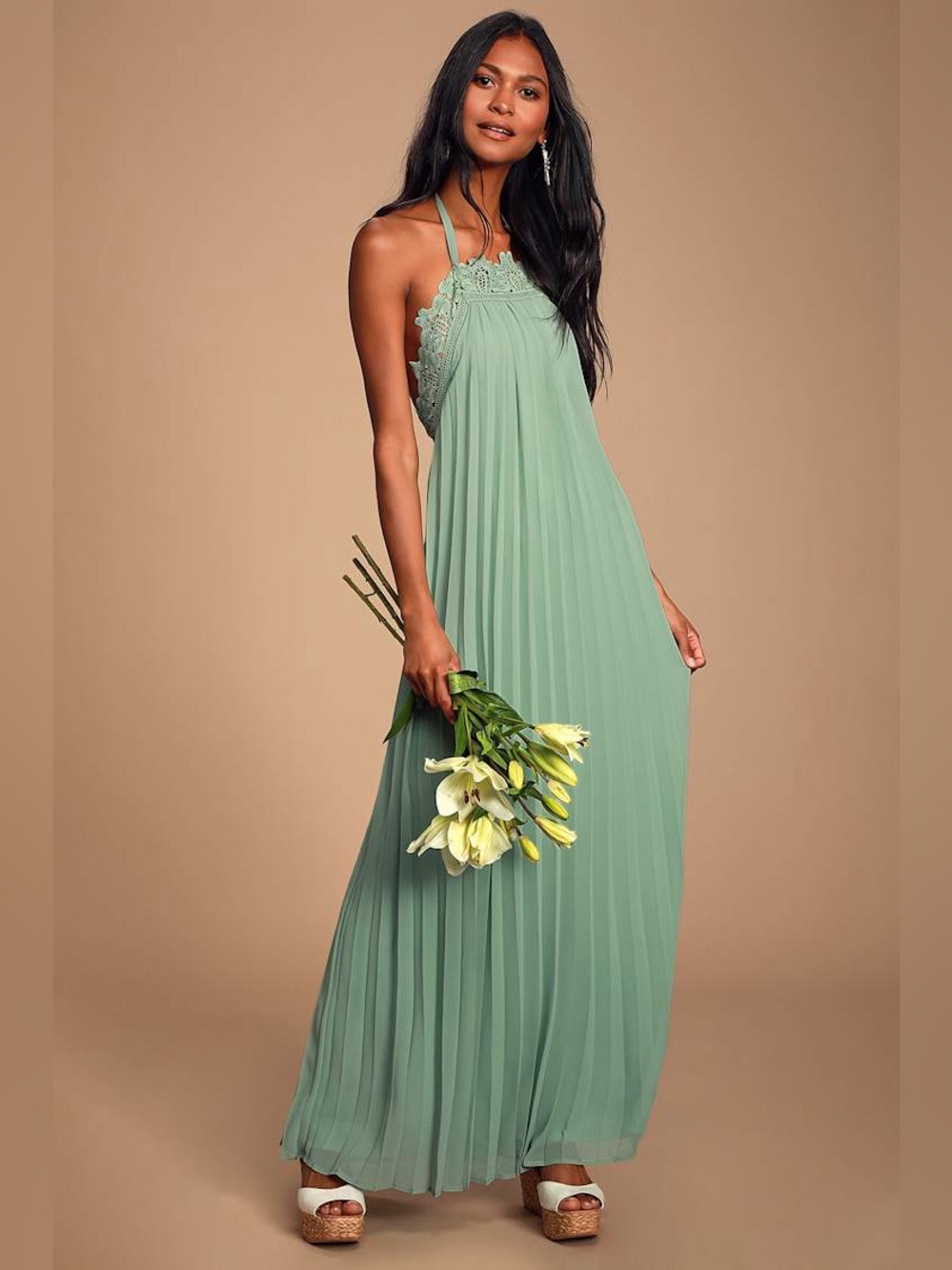 Lulu's Sage Green Halter Pleated Maxi Dress